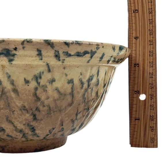 Antique Yellow Ware 8" Mixing Serving Bowl Green Spongeware Pottery Primitive - Picture 11 of 12